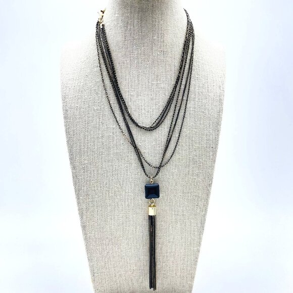 Long Layered Chain Necklace Black Beads Brass Tone Tassel Signed LOFT OUTLET - Picture 1 of 8